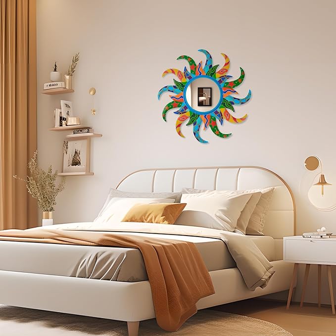 Colorful Sun Wall Mirror Decorative 25 inch Metal Frame Sunburst Boho Mirror for Entryway Bedroom Living Room Bathroom House Warming Gifts New Home Essential (Blue)