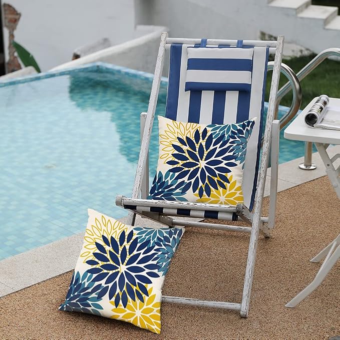 DFXSZ Blue Yellow Flower Pillow Covers 22x22 Inch Set of 2 Outdoor Throw Pillows Outdoor Waterproof Decor for Living Room Sofa Patio Funiture Garden Floral Polyester Pillow Covers 012D22