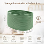 Cotton Rope Storage Basket, 15x10x9 Inches, Woven Basket for Shelves, Clothes, Towels, Books, and Laundry, Green (2 Pack)