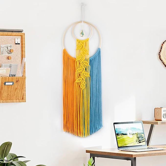 LB Boho Colorful Crystal Macrame Wall Hanging Boho Dream Catcher Yellow Hand Woven Leaf Tapestry Art Modern Aesthetic Tassel Wall Decor for Home, Bedroom, Living Room