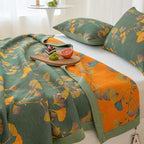 100% Cotton Jacquard Quilt Floral Ginkgo Leaves Print,Soft Muslin Bed Cover 3 Layers Reversible Bedspread Coverlet Breathable Lightweight Bedding,Twin(59"x94"), No Pillow Sham