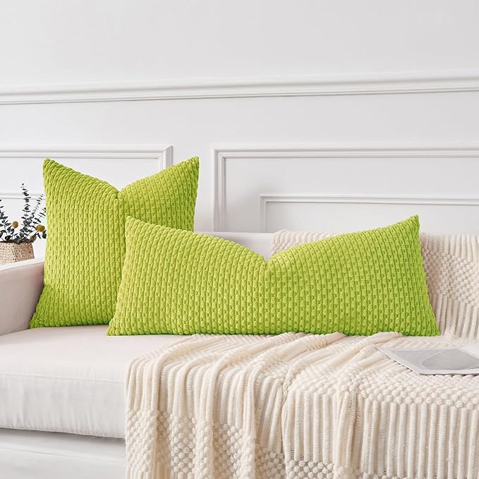 Kevin Textile 14x36 Inch Long Lumbar 1 Pack Boho Decorative Throw Pillow Cover Soft Striped Corduroy Rectangle Cushion Case Farmhouse Accent for Living Room Couch Sofa Bed, Spring Green