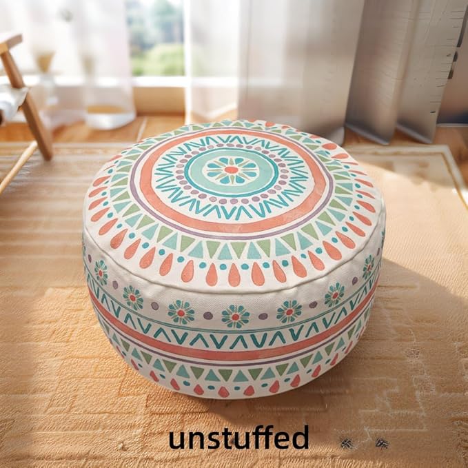 MOCOFO Round Bohemian Ottoman Pouf Cover, 18 Inch, Cotton Blend, Church Window Print, Living Room Storage Footrest, Cover Only (Pink Ink)