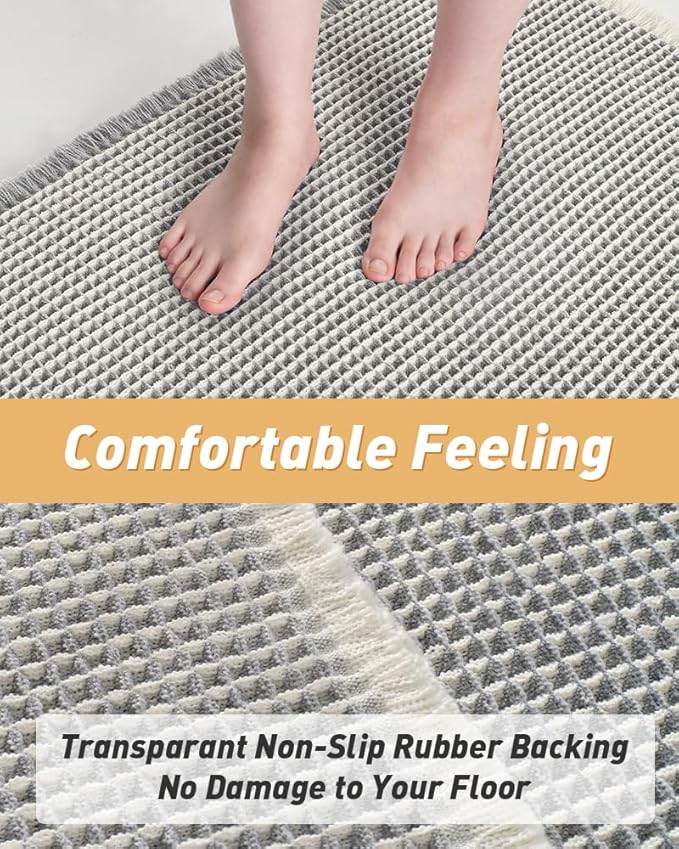 AMOAMI Upgraded Waffle Runner Rug Super Absorbent Non Slip Bath Mats for Bathroom Machine Washable Bathroom Runner Rug with Tassels, Ideal for Hallway Bedroom Laundry Room, 2' x 4', LightGrey & Cream