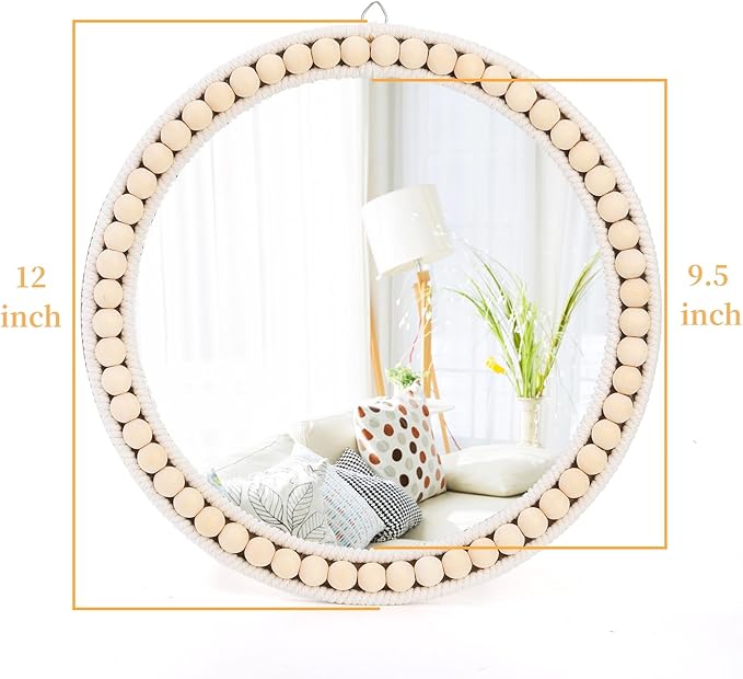 Boho Wall Mounted Mirror, 12 Inch Round Wooden Bead Hanging Mirrors, Rustic Decorative Vanity Mirror, Farmhouse Circle Decor Mirrors for Living Room, Bedroom, Bathroom, Nursery