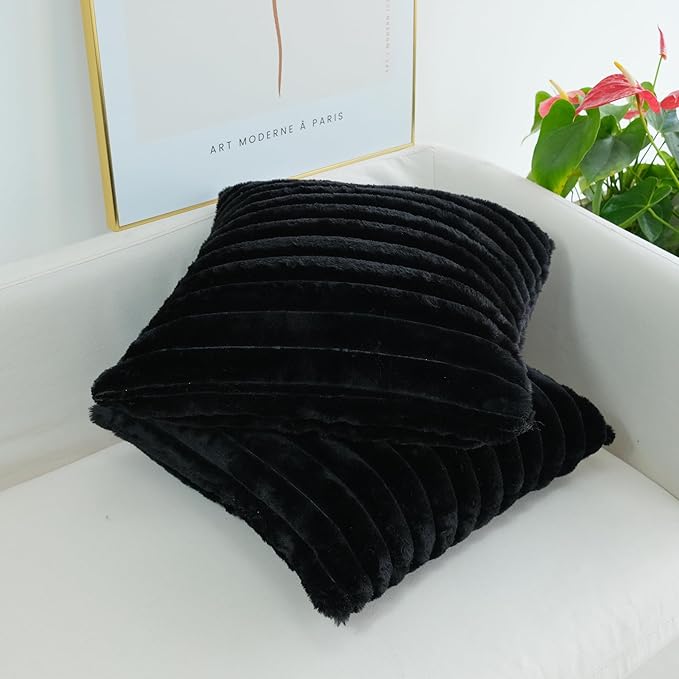 JOJUSIS Pack of 2 Faux Fur Plush Decorative Throw Pillow Covers Couch Cushion Case Soft Pillowcases (Black, 18 x 18-Inch)
