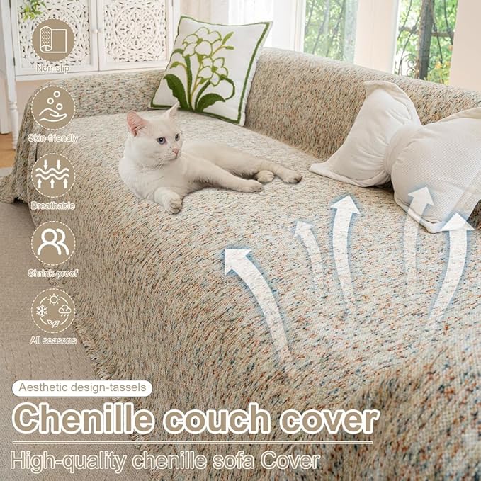 ROOMLIFE Boho Beige Couch Cover for Dogs, Washable Non Slip Furniture Protector Couch Sofa Covers for 3 Cushion Couch, Soft Chenille Couch Cover Throw Blanket with Tassels 71''X150''