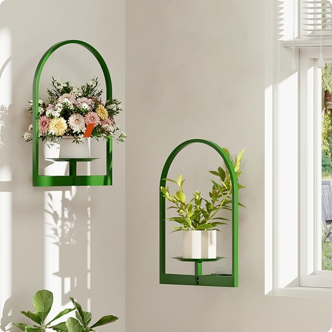 Green Metal Wall Plant Holder - 2-Pack Wall Mounted Plant Stands and Hanging Holders for Indoor Planter and Flower Pot - Arch Decor Shelf for Plant Storage (Pot Not Included)