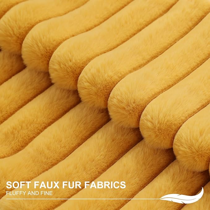 Pallene Faux Fur Plush Throw Pillow Covers 22x22 Set of 2, Luxury Soft Fluffy Striped Decorative Pillow Covers for Sofa, Couch, Living Room, Mustard Yellow