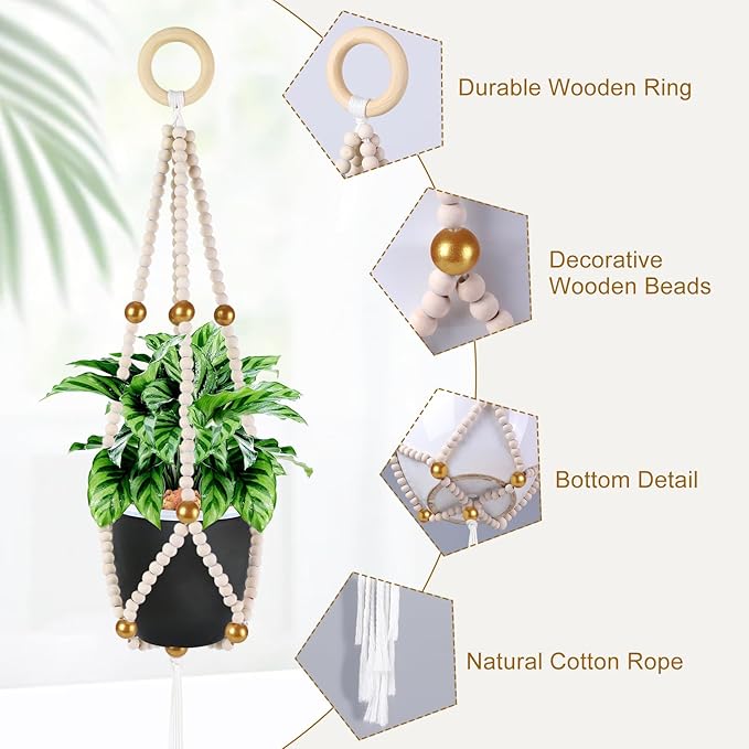 Hotfiary Plant Hanger Indoor Hanging Plant Holder Hang Planter Basket Wood Bead Decorative Flower Pot Holders Boho Farmhouse Rustic Decor Indoor Outdoor (Pot Not Included)