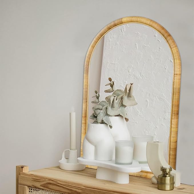 Rattan Wall Mirror, 36 x 24 - Boho Style for Bedroom, Bathroom, Living Room & Entryway (Natural Rattan Frame)