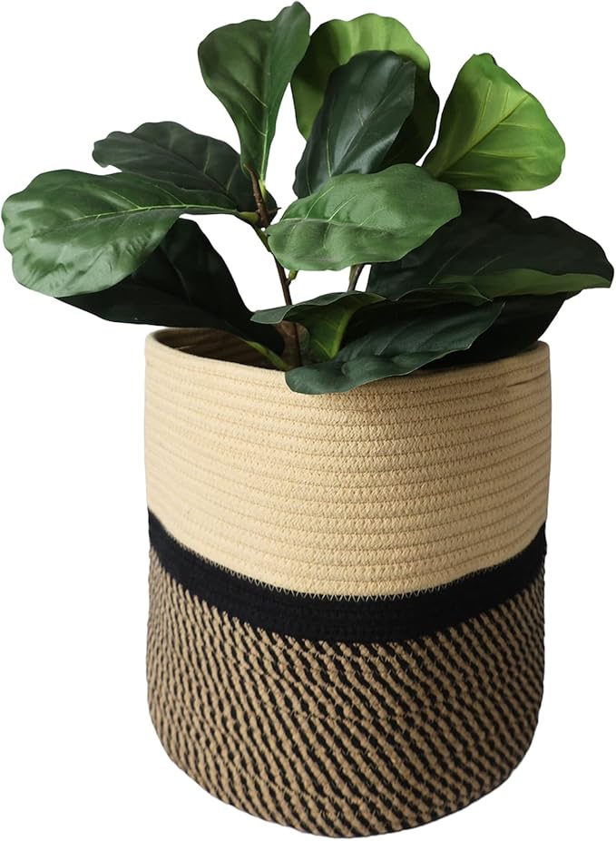 Decorative Baskets for Plants| 9- & 11-inch Pots for Indoor Plants | Floor Planter Pot Cover | Rope Plant Basket for Indoor (Medium 11" Round, Tan/Black)