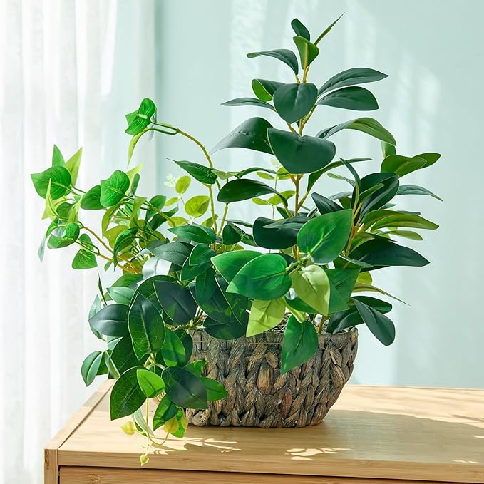 AlphaAcc 17" Fake Plants Potted Mixed Ficus Pothos Eucalyptus Arrangement with Oval Rattan Woven Basket Planter Realistic Faux Greenery Artificial Plants for Living Room Bedroom Kitchen Office Decor