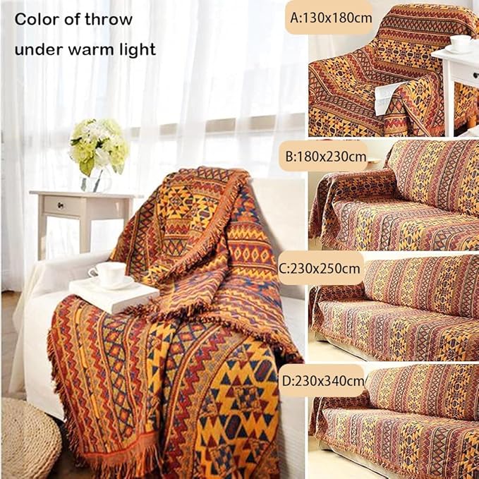 Boho Throw Blanket Couch Chair Cover, 100% Cotton Southwestern Aztec Home Decor Throw - Reversible All Season Blanket for Bed Sofa Tapestry Outdoor Travel Camping. 91″×134″