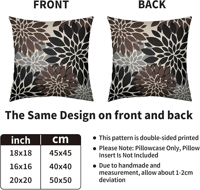 Black Dark Brown Pillow Covers 24X24 Inch Set of 2, Spring Summer Floral Dahlia Flower Cream Decorative Throw Pillow Covers Outdoor Modern Farmhouse Cushion Case for Home Couch Sofa Bed Decor