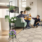 Adjustable Metal 4 Potted Flower Pot Plant Stands - 2 Tier 72 inch Tall Indoor Outdoor Heavy Duty Plant Shelf with Hangers - Perfect for Living Room Corner and Patio (Black)