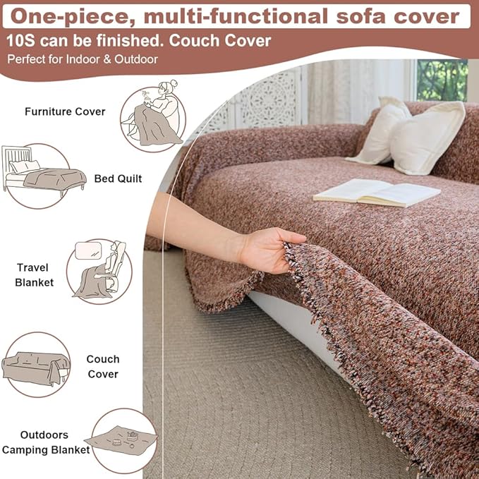 ROOMLIFE Pink Couch Covers for 3 Cushion Couch,Chenille Sofa Couch Slipcover Sectional Sofas Covers with Tassel, Washable Soft Breathable Furniture Protector Cover for Living Room, 71 '' X 134''