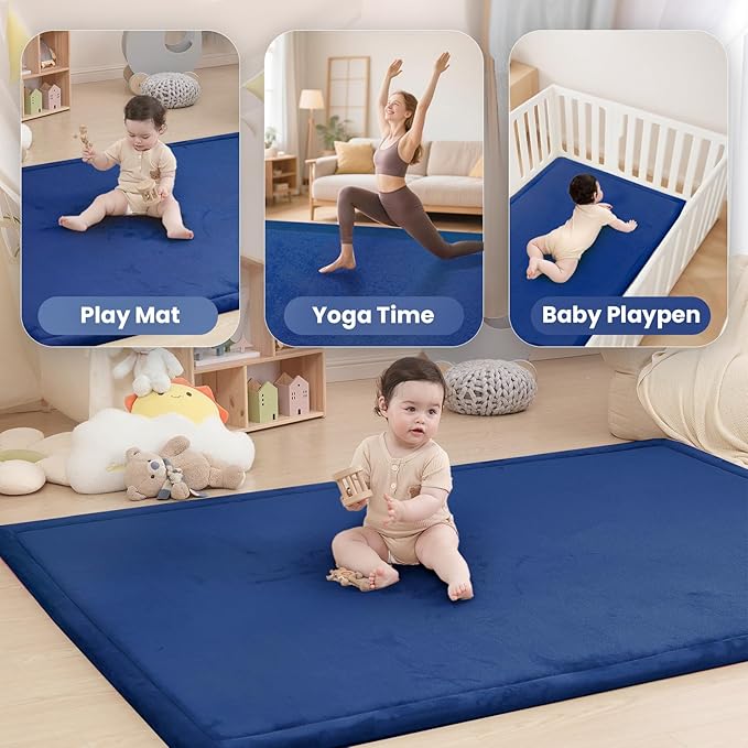 Baby Play Mat for Floor,1.3" Thick Memory foam Tummy Time Mat,Soft Coral Velvet Nursery Rug,Extra Large Non Slip Crawling Mats for Toddlers,Infants,kids,Yoga,Tatami Style for Living Room(Royal Blue)