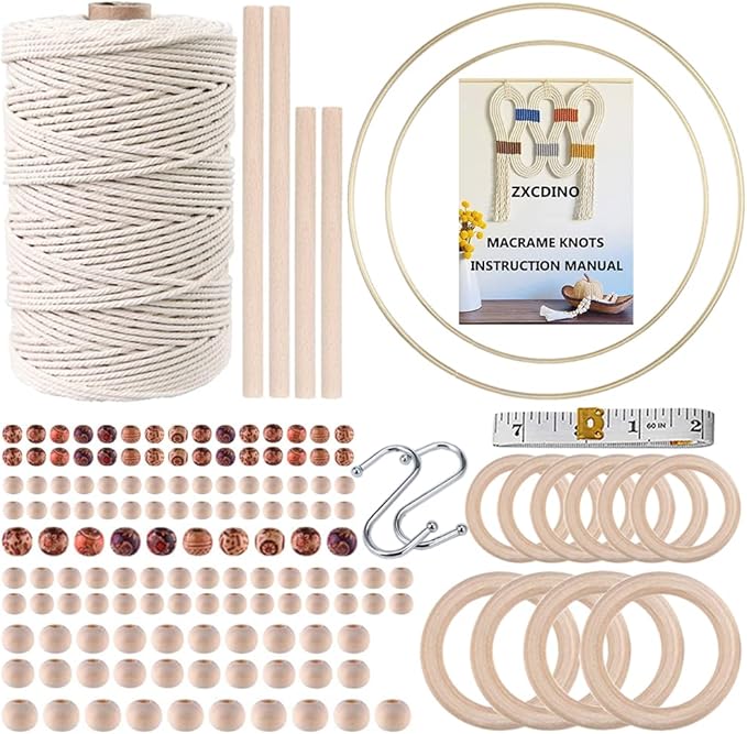 152pcs Macrame Kit for Beginners: Natural Cotton Macrame Cord, Wooden & Metal Rings, Beads, Sticks & Hoops - Perfect for Macrame Plant Hangers & Home Decor