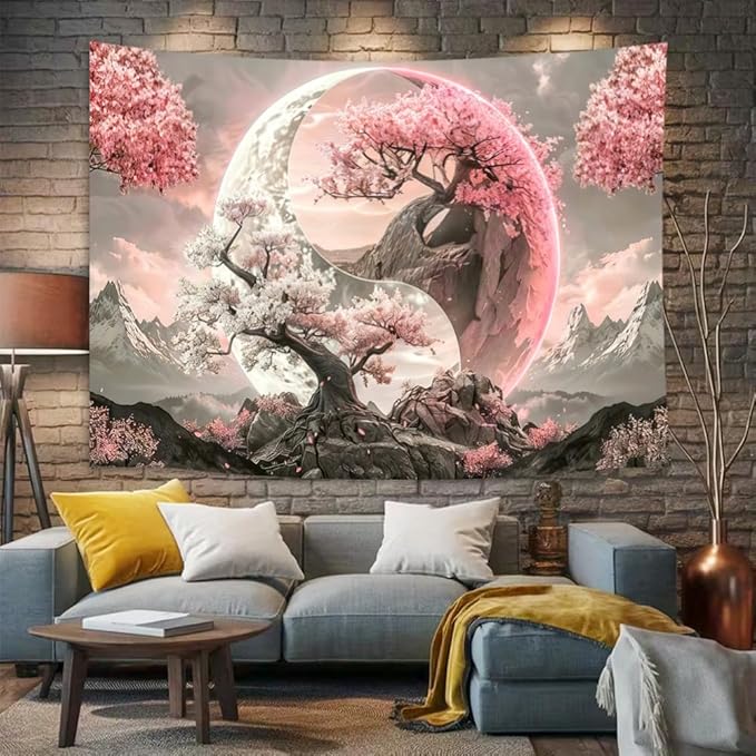 Tree Life Tapestry Aesthetic, Colorful Pink Flowers Sun and Moon Art Tapestry Wall Hanging for Girls Bedroom, Cool Nature Galaxy Yin Yang Anime Tapestries Poster of Dorm Home Decor 90X70 Inches, Pink