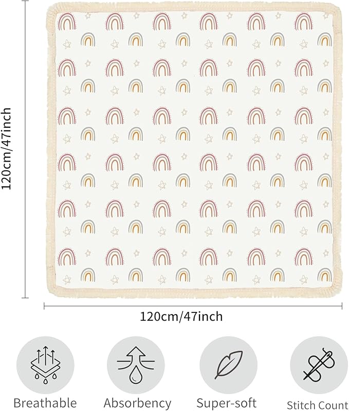 insular Cotton Muslin Baby Blanket with Tassel, Boho Bohemian Muslin Swaddle Blanket Baby Receiving Blanket with Fringe, Nursery Decor Throw or Nursing Blankets, 47" x40”, Rainbow