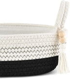 Mkono Small Storage Basket for Toilet Tank Top Boho Bathroom Decor Woven Rope Toilet Paper Tray Organizer for Shelf Bedroom Living Room, Black and White, 1 Pack, 15.7" L x 6" W