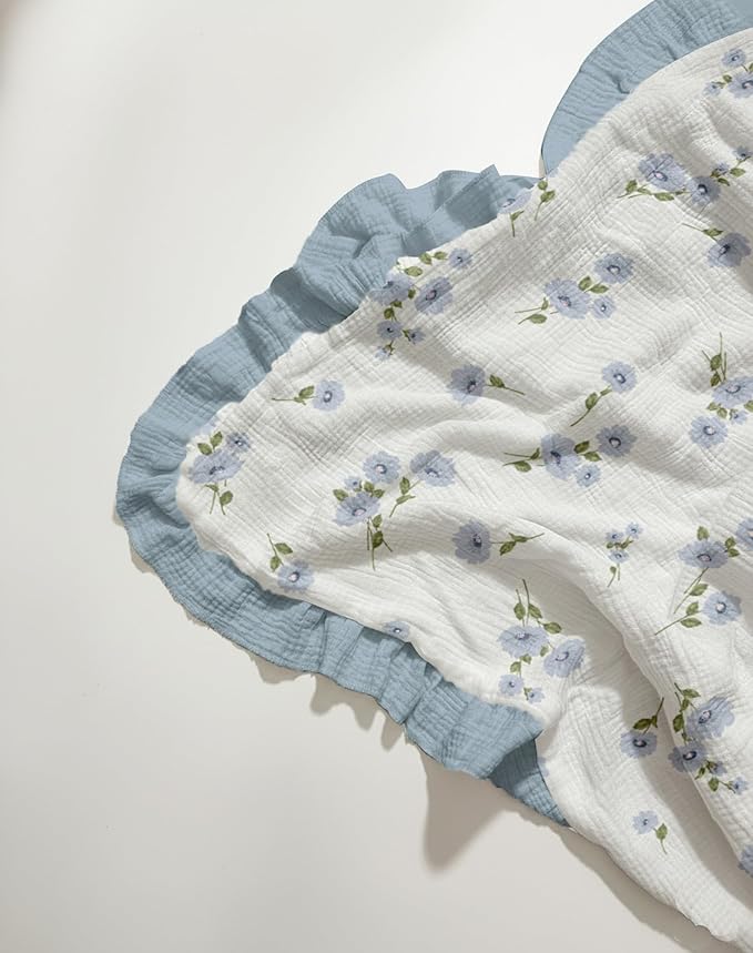 Muslin Ruffled Baby Blanket, Extra Large 52 x 52 Inches, Soft Breathable Cotton Crib Blanket for Newborn Infant Toddler (Blue Meadow-Ruffled, Printed)