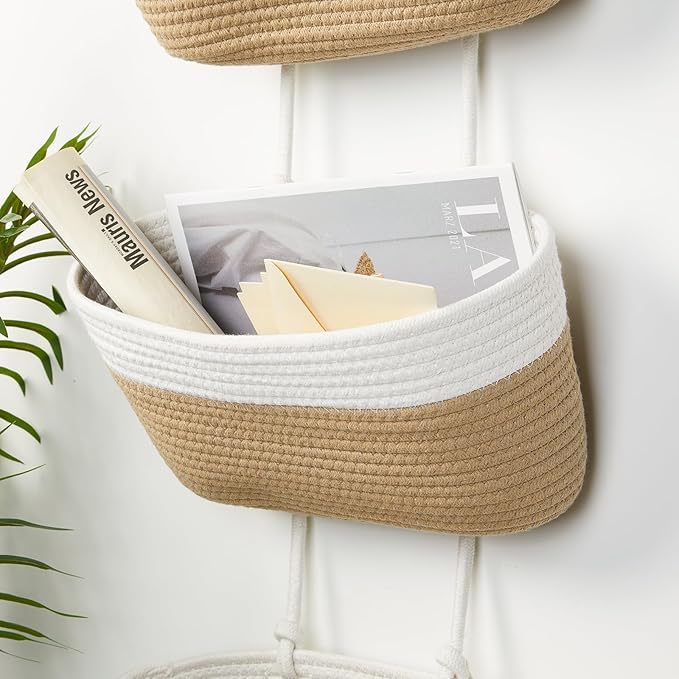 DULLEMELO Hanging Storage Basket for Organizing, 3-Tier Over The Door Organizer, Woven Wall Basket Decor Hanging Baskets for Storage, Versatile Storage for Every Room‌, White&Jute