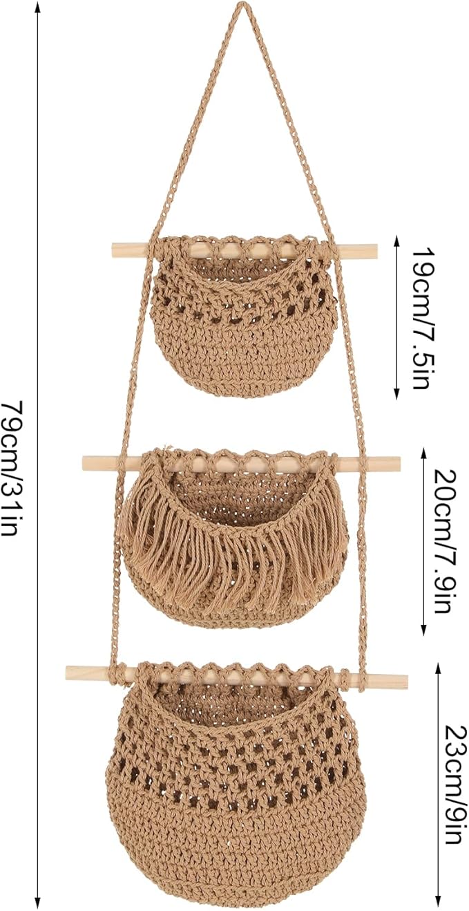 3 Tier Hanging Fruit Basket, Wall Hanging Vegetable Fruit Baskets Cotton Woven Storage Baskets for Organizing, BOHO Wall Basket Decor, Over the Door Organizer for Kitchen, Bedroom, Bathroom