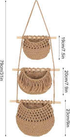 3 Tier Hanging Fruit Basket, Wall Hanging Vegetable Fruit Baskets Cotton Woven Storage Baskets for Organizing, BOHO Wall Basket Decor, Over the Door Organizer for Kitchen, Bedroom, Bathroom
