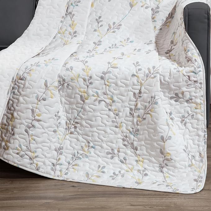 Exclusivo Mezcla 50"x 60" Quilted Throw Blanket- Microfiber Quilt Throw with Floral Pattern, Reversible White Versatile Lap Quilt for All Seasons, Lightweight Throws for Bed/Couch/Sofa