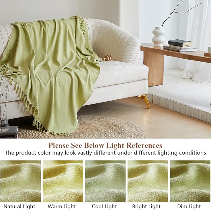 Simple&Opulence Boho Linen Throw Blanket for Bed, Couch, 50”x70” Pre-Washed Fringed Vintage Decorative Woven Blanket with Tassels, Breathable Durable Cozy Farmhouse Decor for All Seasons(Lime Green)