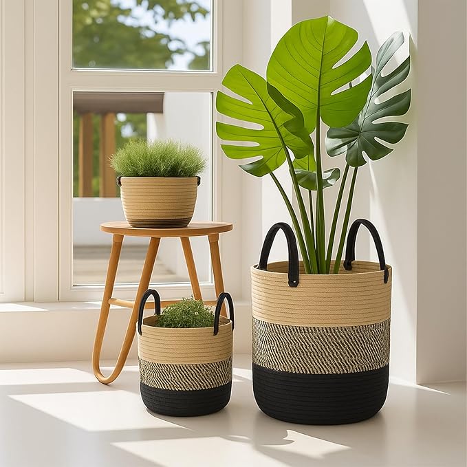 ShellKingdom Laundry Basket, Natural Rope Woven Storage Basket with Handles for Home, Living Room, Laundry, Storage Organizer for Blankets, Clothes, Plant, Toys, 15.7 x 13.8 INCH (3-Toned Khaki Black)