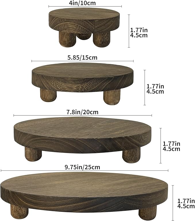 Wood Plant Stand Set of 4,mini Plant Stool 10 8 6 4 Inch, Wooden Display Risers Round Pedestal Counter Decor Holder Tiered Tray for Indoor Home Kitchen Patio Decoration (Dark Brown-4pack)