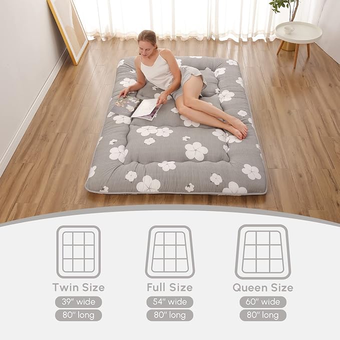 Japanese Floor Mattress Full, Futon Mattress with Storage Bag and Washable Cover, Roll Up Tatami Mat Suitable for Guest Room, Grey Cotton