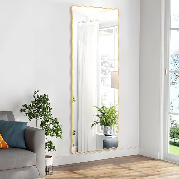 60X24 Inch Gold Wavy Bathroom Mirror for Wall, Scalloped Bathroom Vanity Mirror Farmhouse, Large Rectangle Mirror, Tempered Glass, Hangs Horizontally or Vertically