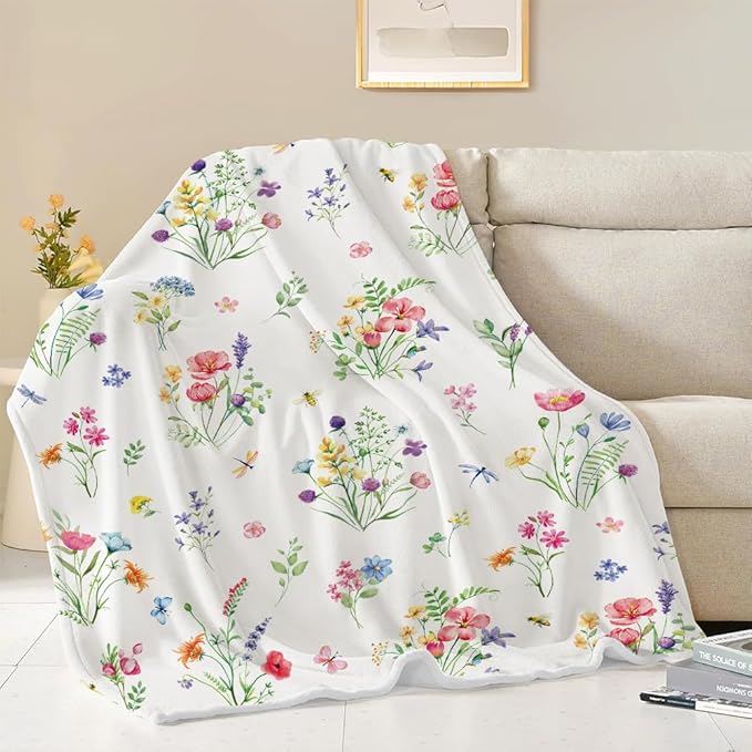 Colorful Wildflowers Throw Blanket Botanical Plant Bed Blanket Watercolor Floral Flower Blankets Soft Flannel Fleece Throw Blanket Boho Cozy Fluffy Plush Blankets 50" X 60"