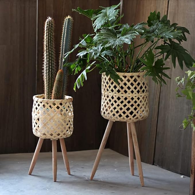 RISEON Set of 2 Handmade Mid Century Modern Planter, Rustic Indoor Rattan Basket Flower Pot Plant Stand,Large Floor Planter