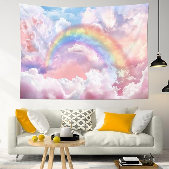 HVEST Rainbow Cloud Tapestry Wall Hanging, Rainbow and Pink Cloud Pastel Wall Decor, Aesthetic Nature Landscape Tapestry for Living Room Bedroom Aesthetic Decor, 59x51 Inches