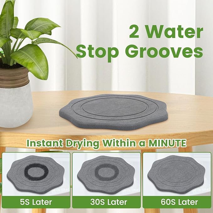 Plant Saucer for Indoors, 2 Packs 8 12 inch, Diatomaceous Earth Pot Saucers No Holes, Instant Dry Plant Drainage Trays for Pots, Dark Gray