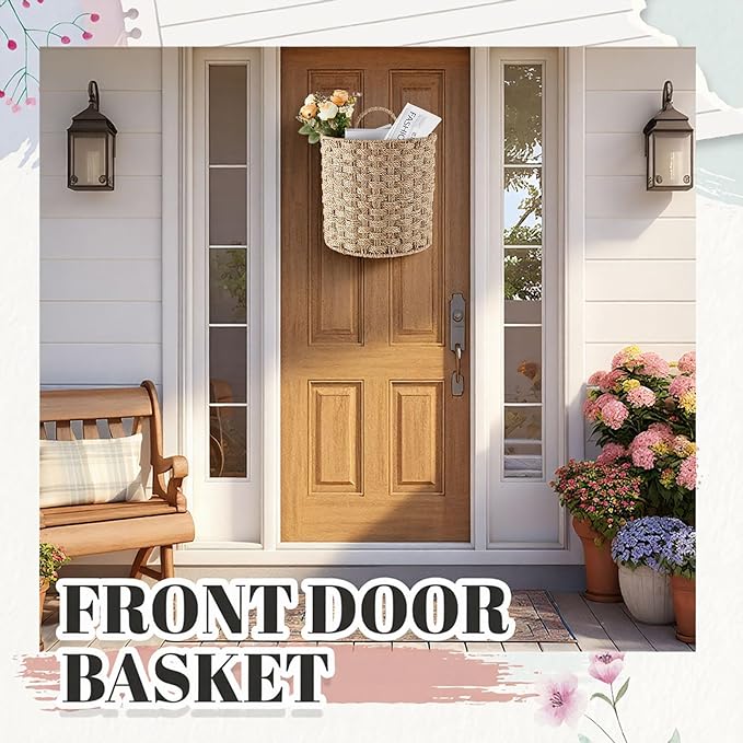 Chunful 2 Pcs Seagrass Hanging Wicker Basket, Natural Wicker Decorative Baskets, Handmade Woven Storage Organizer for House Garden Wedding Wall Decorations, Large & Small Size