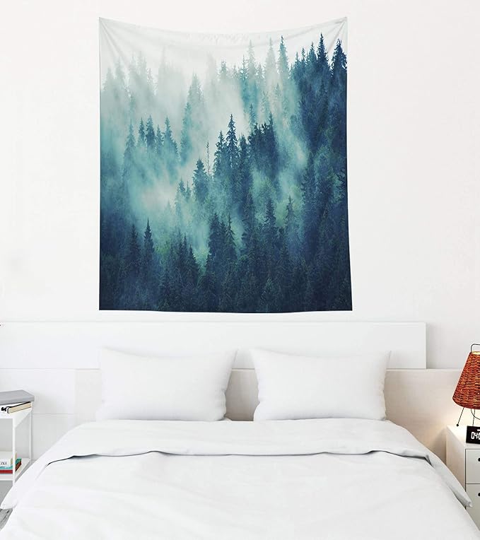 EMMTEEY Misty Forest Tapestry Nature Scenic Mountain Tapestry Green Tree Landscape Foggy Fir Pine Forest 50X60 Inches Tapestries for Living Room Bedroom Inhouse