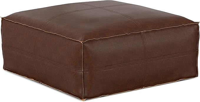 SIMPLIHOME Brody Large Square Coffee Table Pouf - 30 inch Wide Upholstered Vegan Leather Ottoman in Distressed Dark Brown, Boho Footstool, Coffee Table or Extra Seating for Living Room, Assembled
