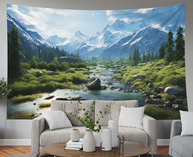 EMMTEEY Landscape Tapestry Home Decor Wall Art Big 80X60 Inch-Forest Mountains Water Scenery Durable Wall Tapestry