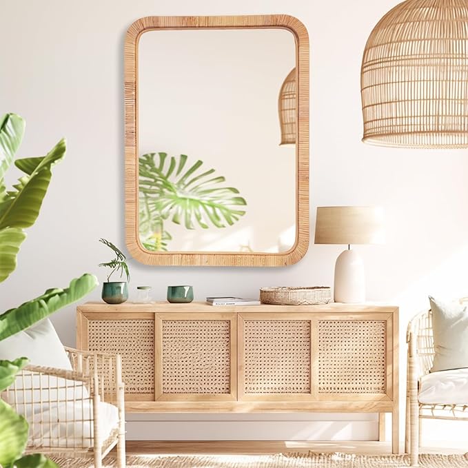 Rattan Mirror,Rectangle Boho Bathroom Mirror for Wall,22x30 Wicker Vanity Mirror for Nursery Décor,Coastal Farmhouse Wood Mirror for Bedroom Entryway Living Room