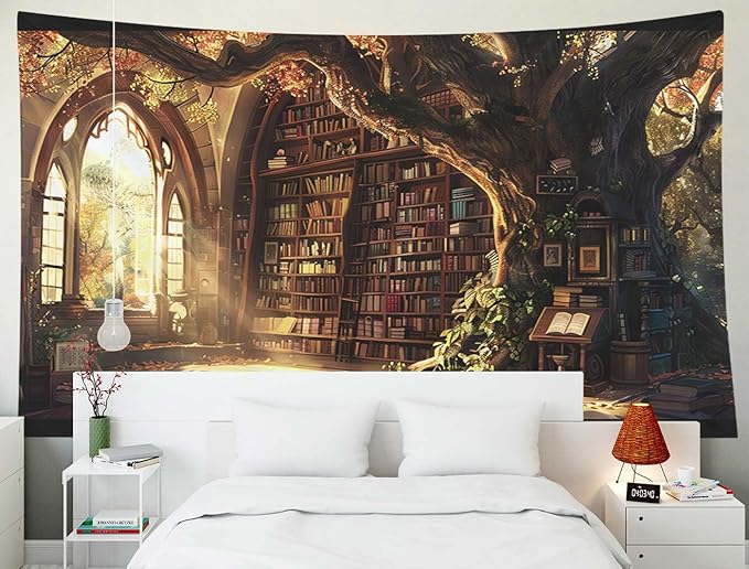 EMMTEEY Library Bookshelf Extra Large Wall Tapestry 92.5X70.9 Inch - Large Tree Wall Decoration Medieval Dark Academia Backdrop for Study Room Office