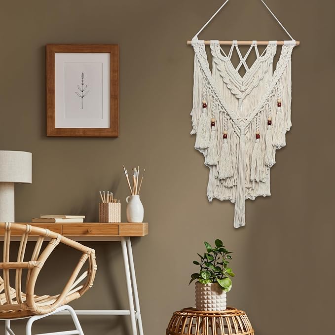 JONKASIPA Macrame Woven Wall Hanging, Bohemian Wall Decor Chic Woven Tapestry Handmade Crafts Tassel Lace Hanging Home Decor Perfect for Bedroom Living Room Apartment (Beige)