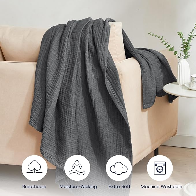 PHF 100% Cotton Muslin Blanket Twin XL Size 66"x90", 4-Layer Lightweight Gauze Throw, Breathable Cloud-Soft Minimalist Blanket for Bed, Couch, Camping & Baby, Greyish Black, Ideal Gift