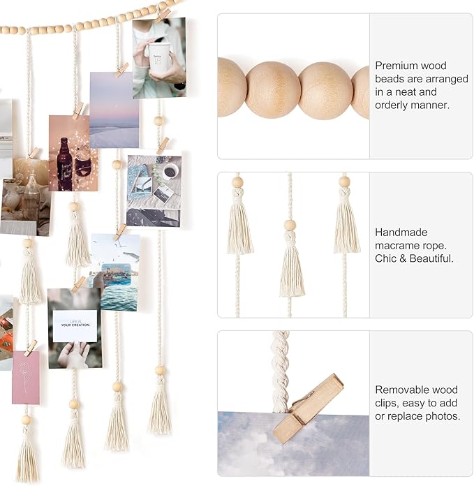 Mkono Macrame Hanging Photo Display Wall Decor with String Lights Boho Room Bedroom Wooden Beads Garland Picture Greeting Cards Holder with 30 Clips