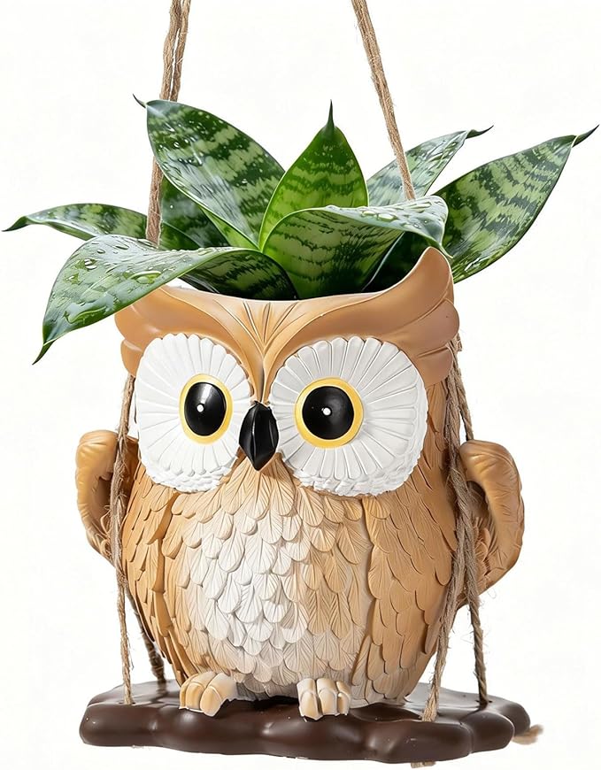QCQHDU Swing Owl Hanging Pots with Drainage Hole, Small Resin Succulent Plant Planters, Cute Indoor/Outdoor Decor for Balcony Garden Patio, Women Gift Idea, Khaki